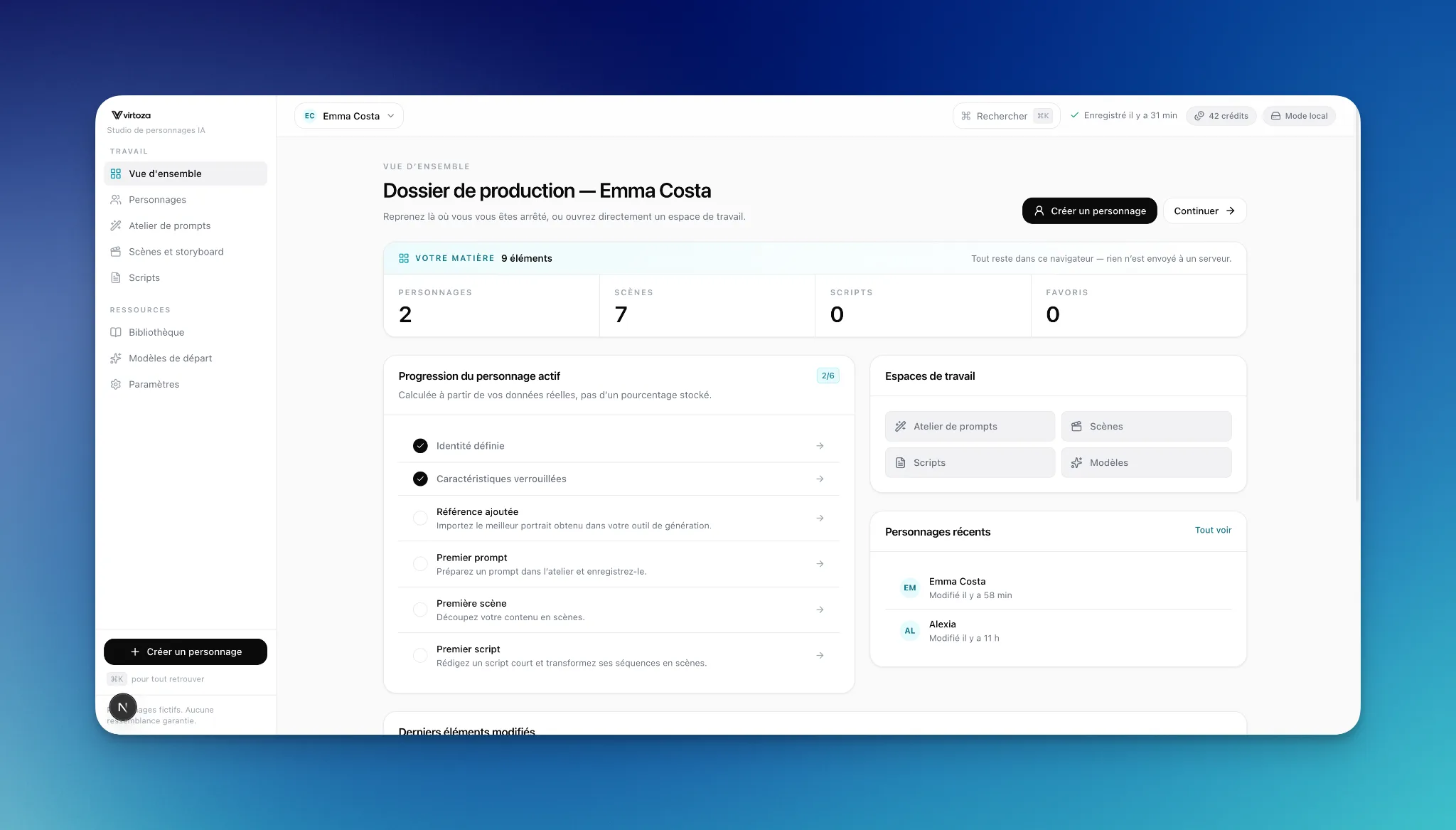 Interface de Virtoza Studio : vue d’ensemble d’un projet avec les espaces de travail et les personnages récents.
